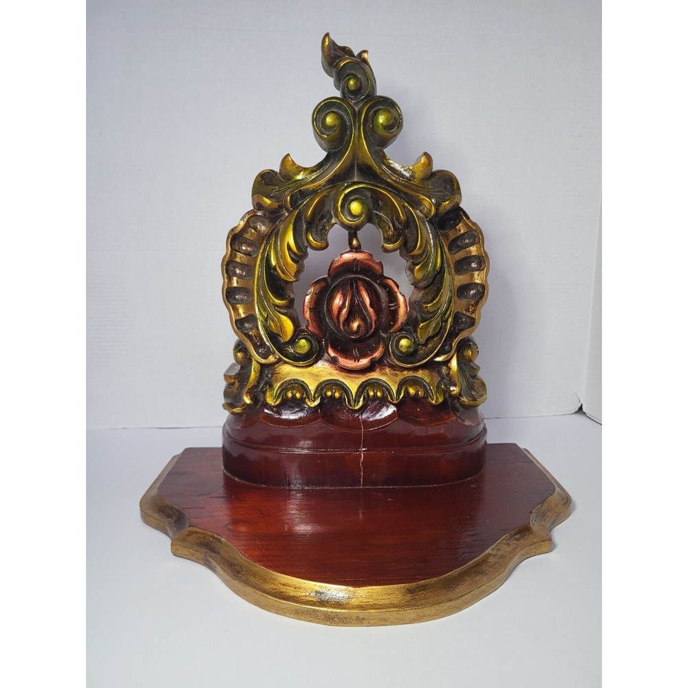 Vintage 14" Hand Carved Gold Painted Wooden Wall Shelf Fleur De Lis Rose